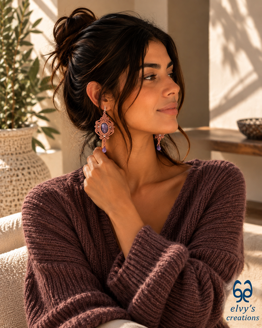 Handmade Bronze Macrame Earrings with Purple Amethyst Gemstones