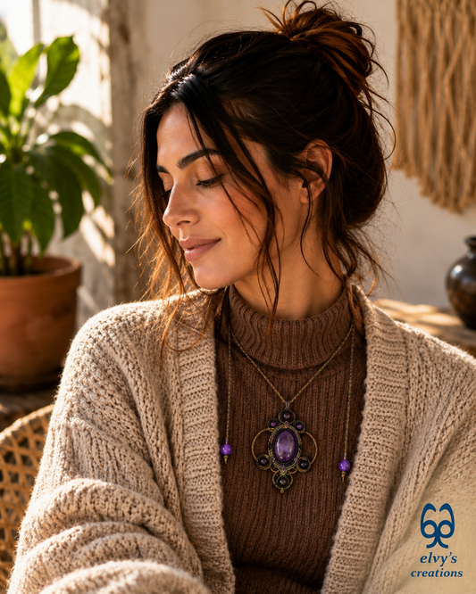 Amethyst Macrame Necklace, Beaded Macrame Choker, Unique Birthday Gift for Women