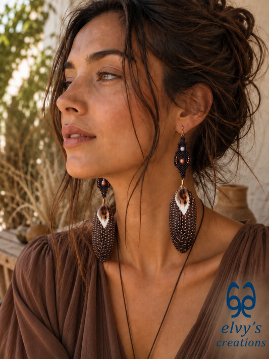 Brown Macrame Beaded Earrings with Amethyst, Quartz and Hematite Gemstones and feathers