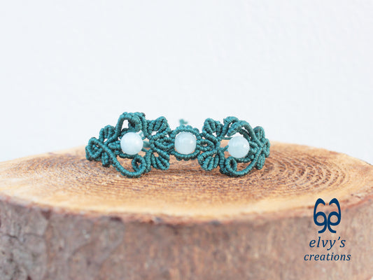 Handmade Green Macrame Bracelet with Aquamarine Gemstones Cuff Bracelet