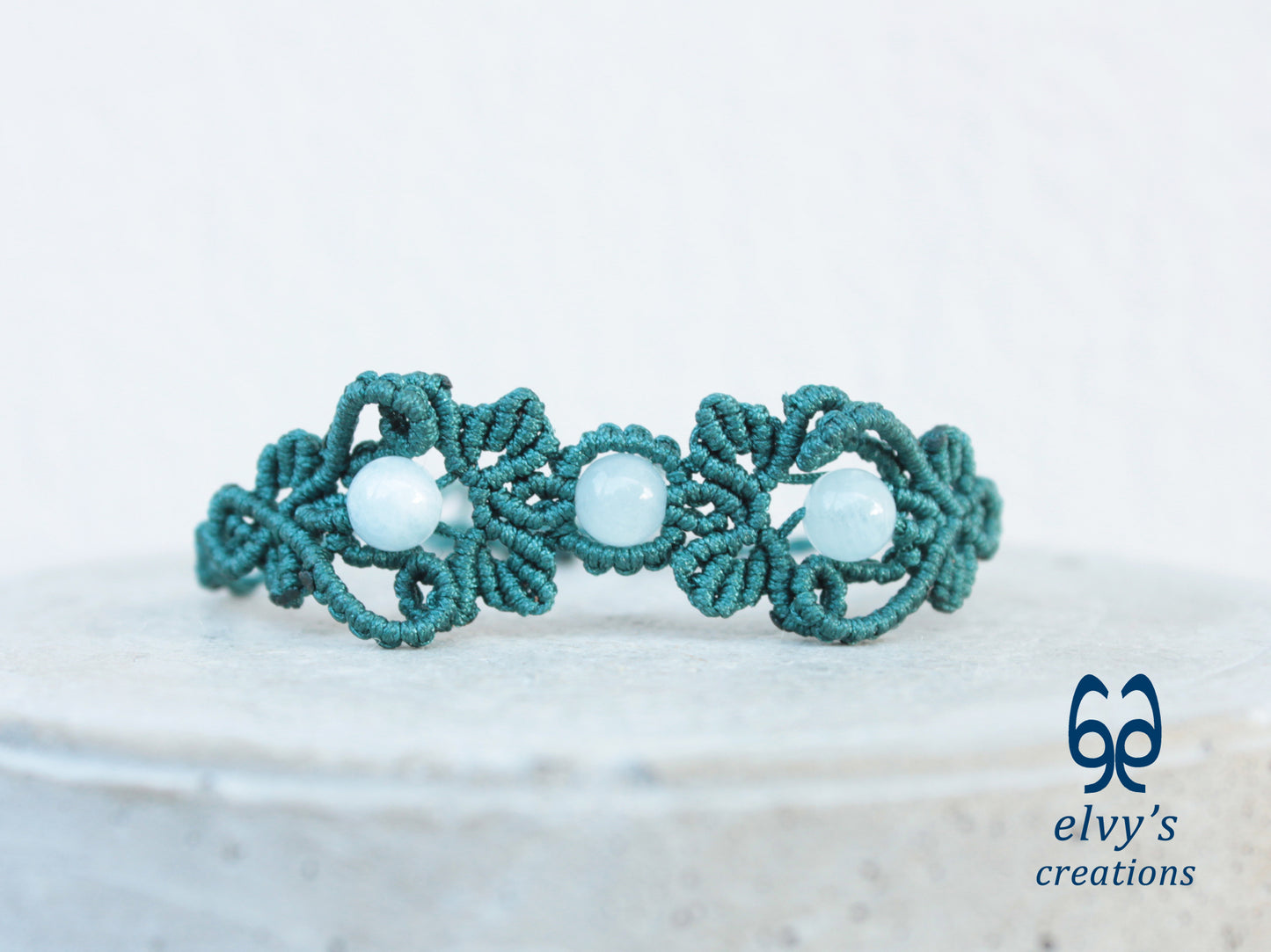 Handmade Green Macrame Bracelet with Aquamarine Gemstones Cuff Bracelet