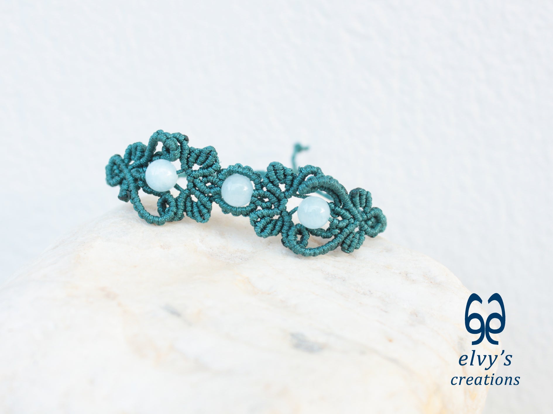 Handmade Green Macrame Bracelet with Aquamarine Gemstones Cuff Bracelet