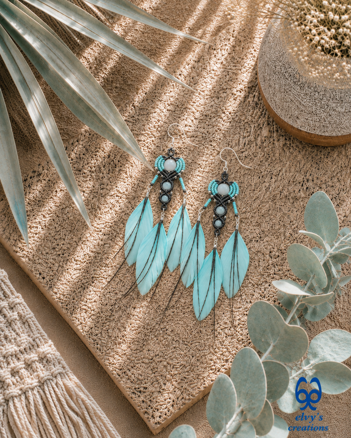 Gray Macrame Earrings with Aquamarine Gemstones, Handmade Silver Earrings with Turquoise Feathers