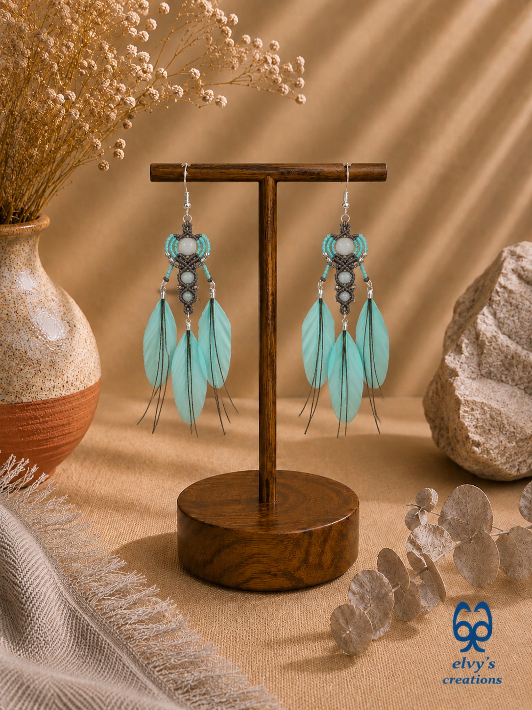 Gray Macrame Earrings with Aquamarine Gemstones, Handmade Silver Earrings with Turquoise Feathers