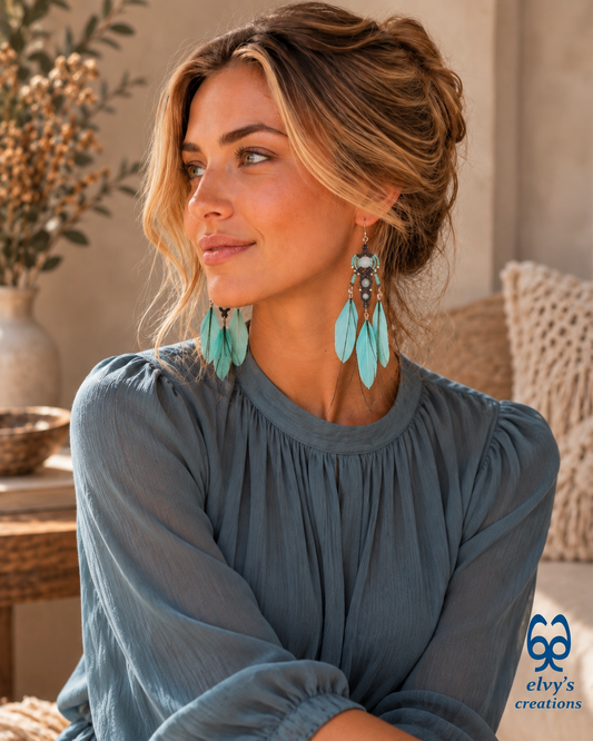 Gray Macrame Earrings with Aquamarine Gemstones, Handmade Silver Earrings with Turquoise Feathers