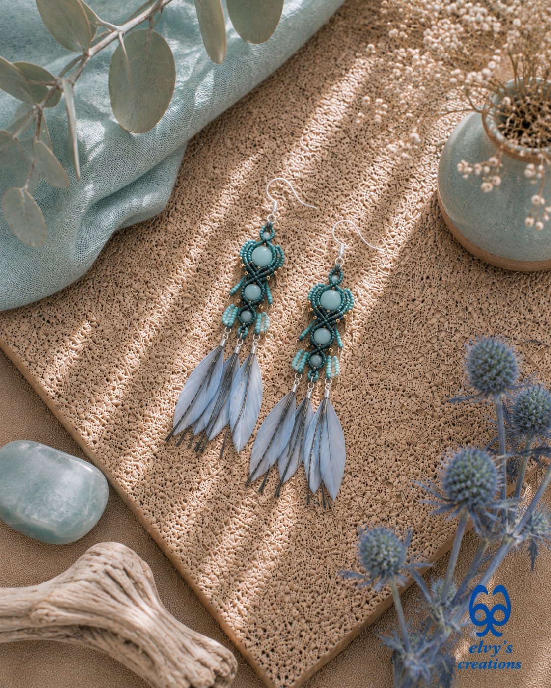 Gray Macrame Earrings with Aquamarine Gemstones, Handmade Silver Earrings with Turquoise Feathers