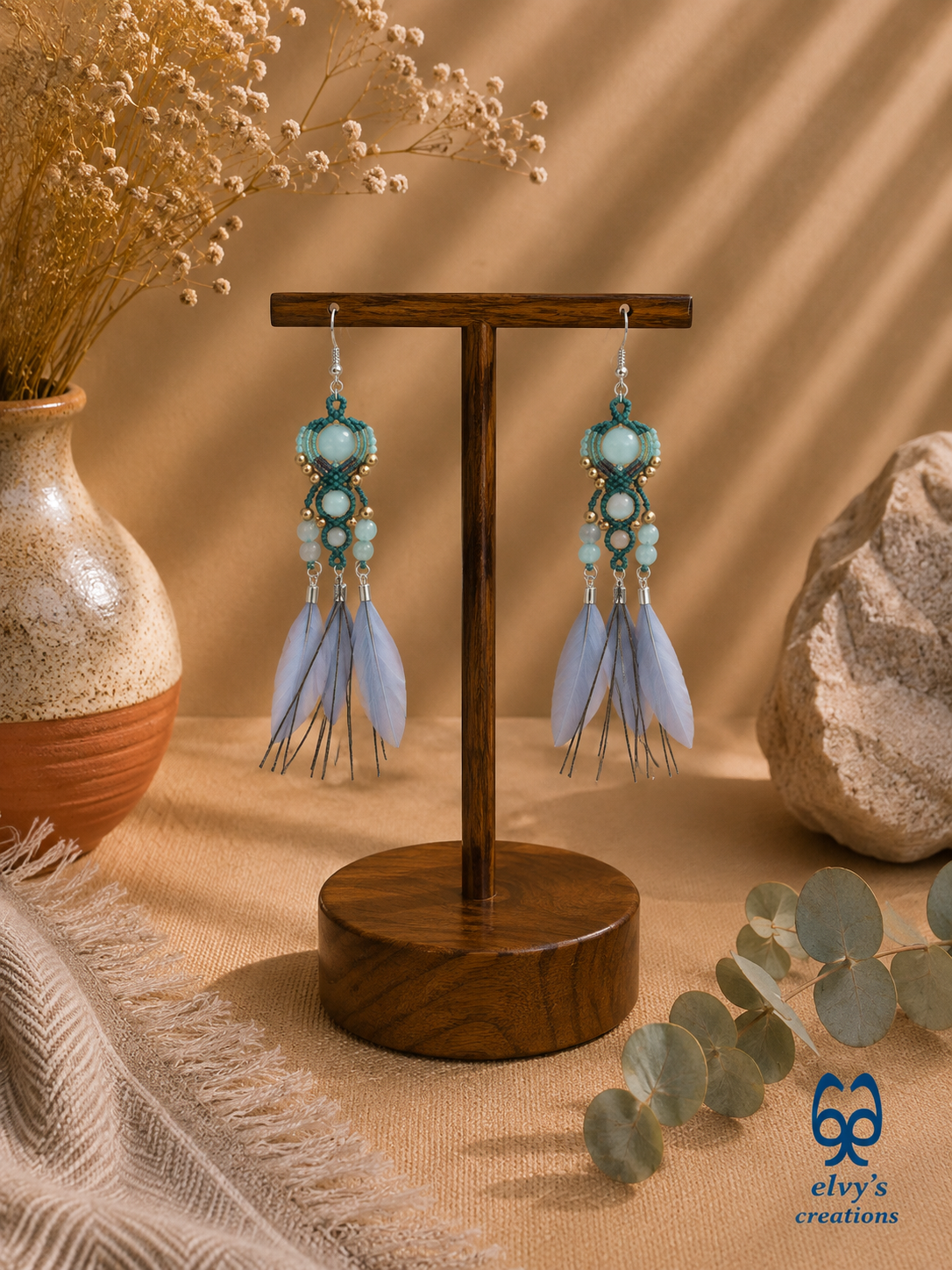 Gray Macrame Earrings with Aquamarine Gemstones, Handmade Silver Earrings with Turquoise Feathers
