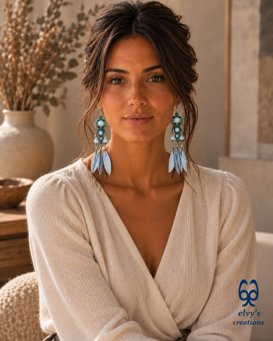 Gray Macrame Earrings with Aquamarine Gemstones, Handmade Silver Earrings with Turquoise Feathers