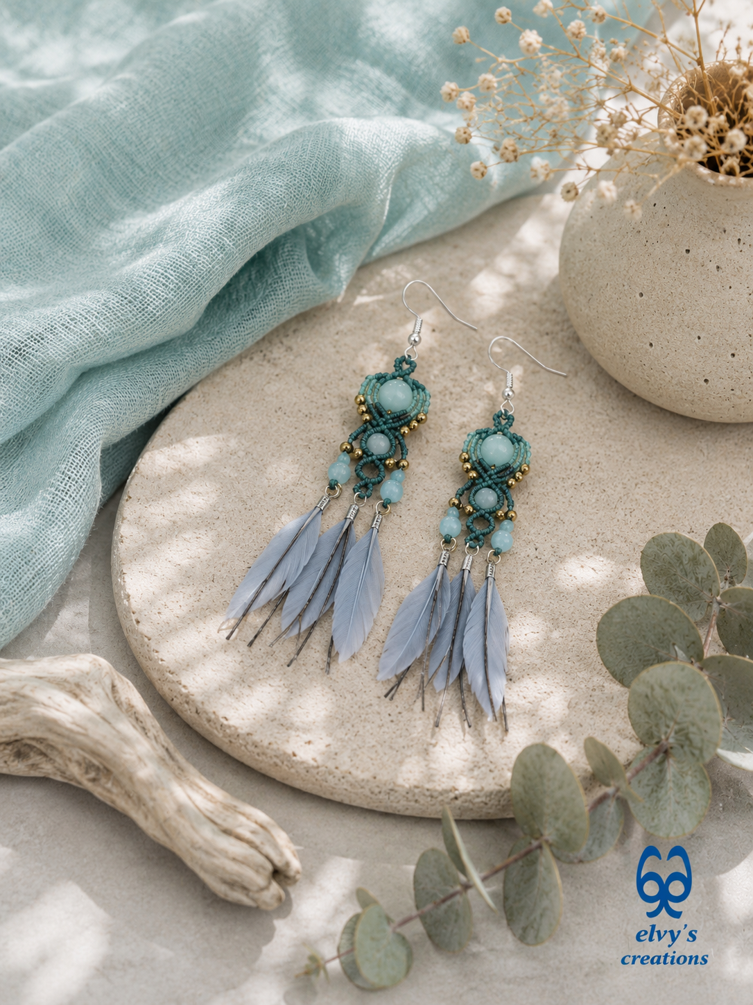 Gray Macrame Earrings with Aquamarine Gemstones, Handmade Silver Earrings with Turquoise Feathers