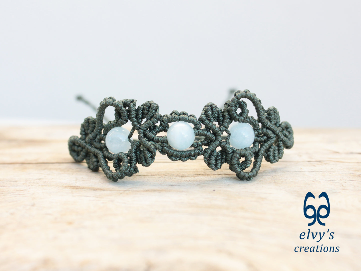 Handmade Green Macrame Bracelet with Aquamarine Gemstones Cuff Bracelet