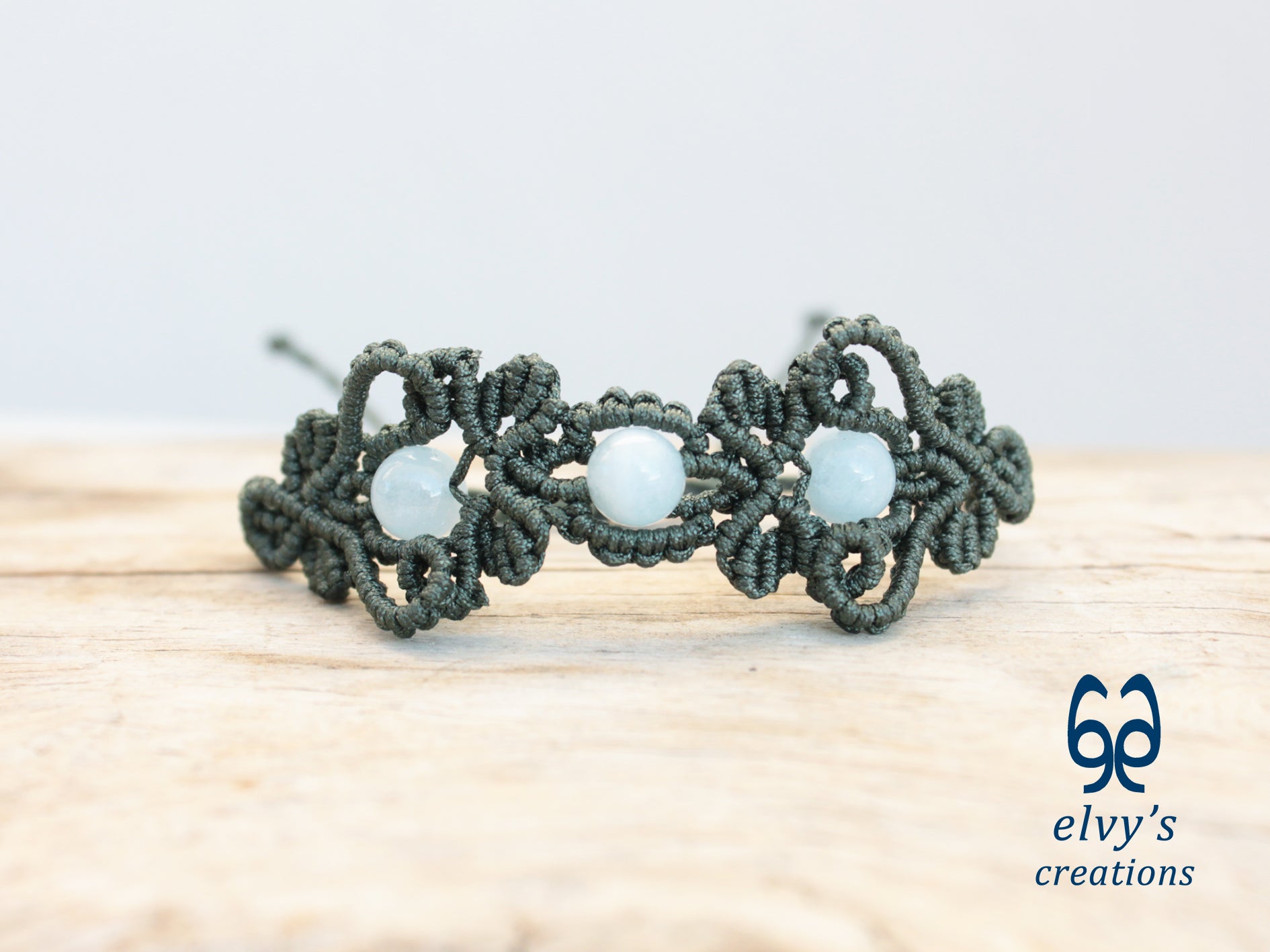 Handmade Green Macrame Bracelet with Aquamarine Gemstones Cuff Bracelet