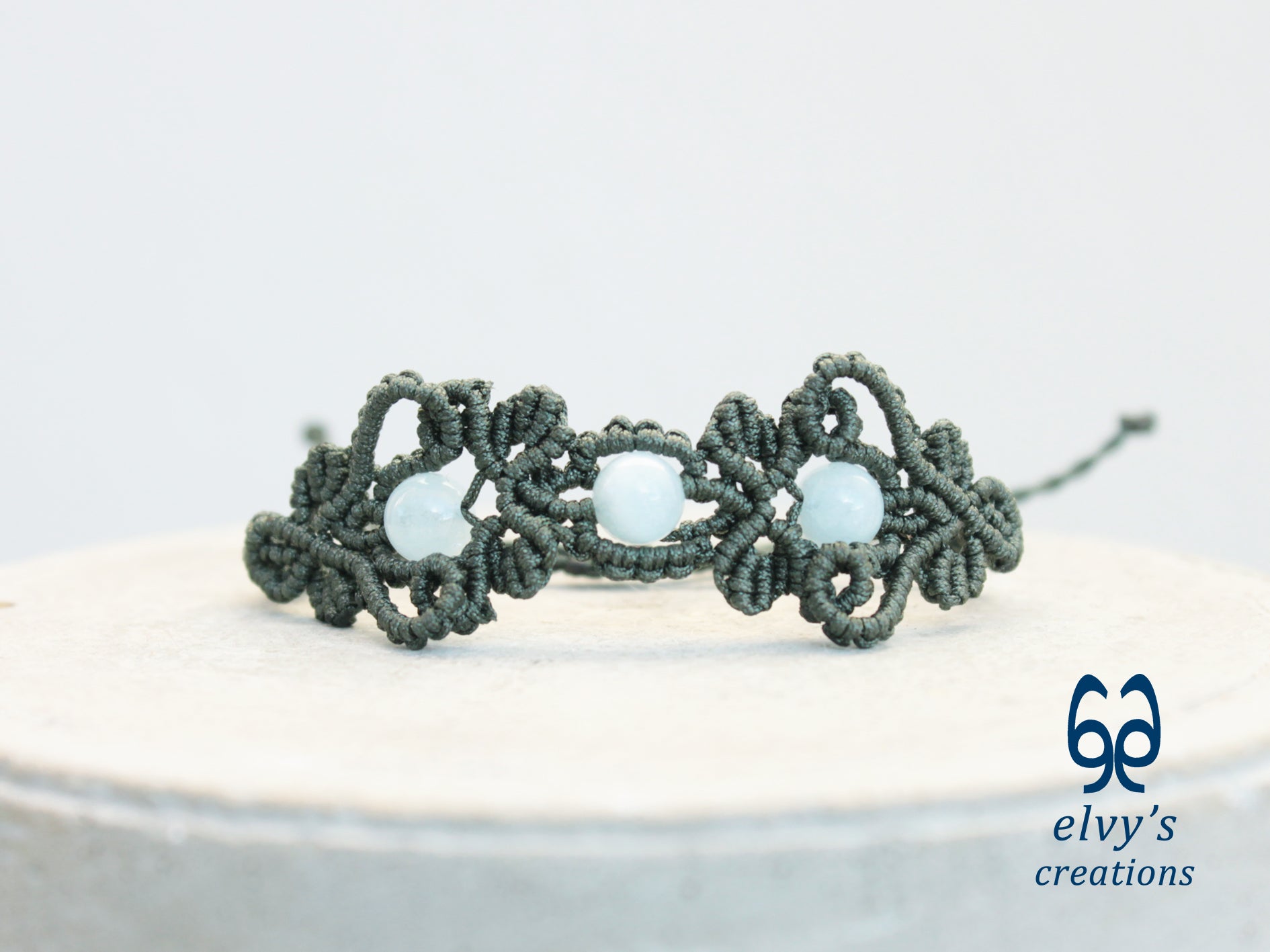 Handmade Green Macrame Bracelet with Aquamarine Gemstones Cuff Bracelet