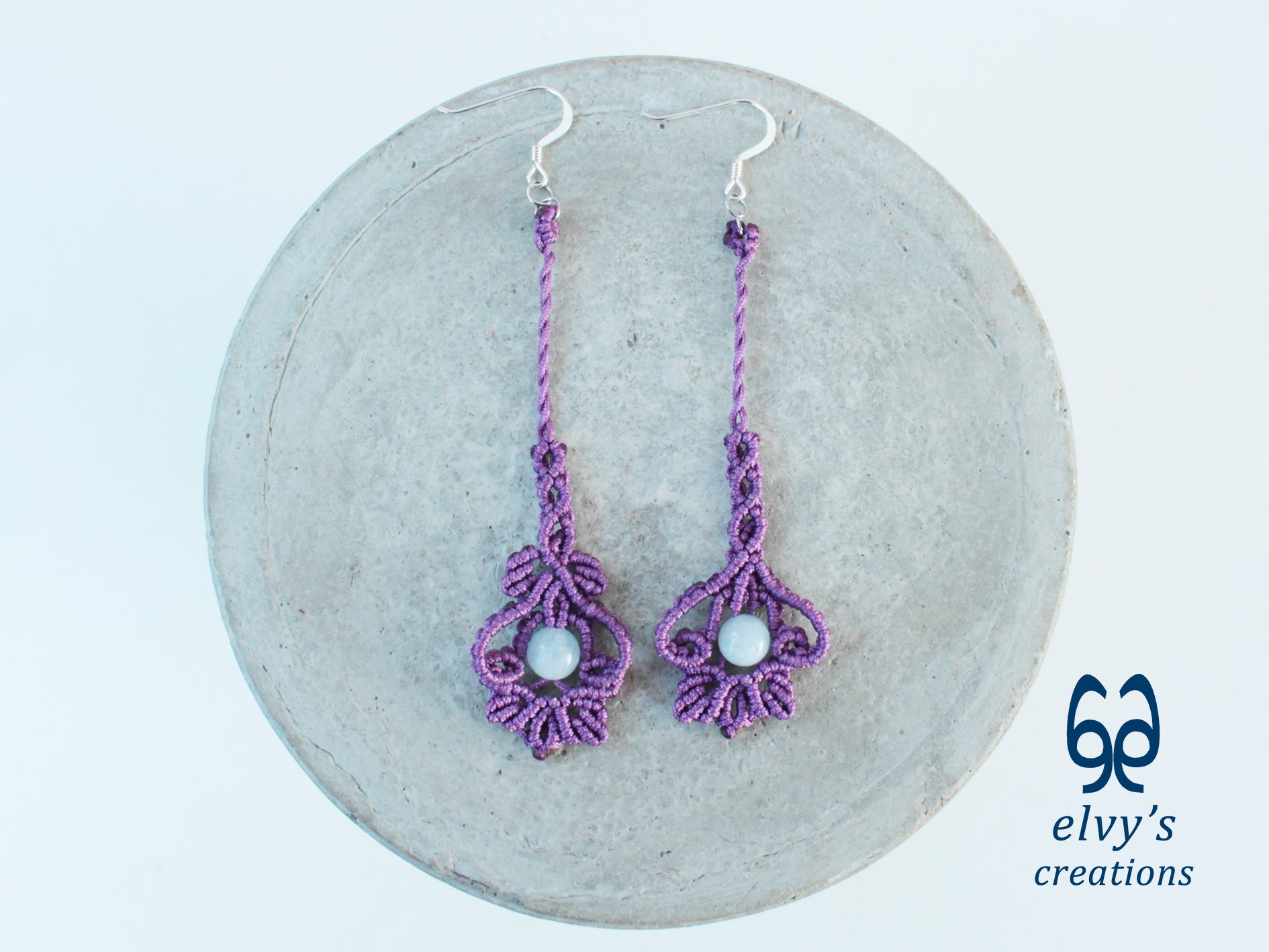 Handmade Purple Macrame Silver Earrings with Aquamarine Gemstone