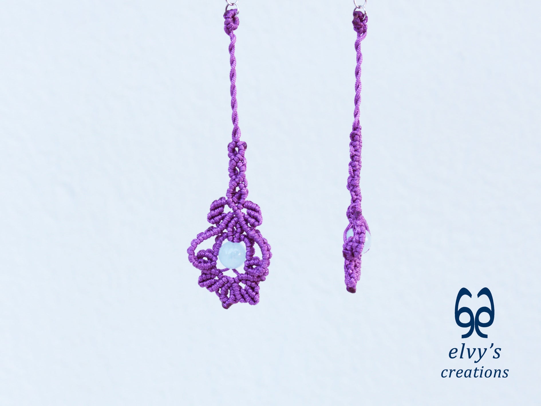 Handmade Purple Macrame Silver Earrings with Aquamarine Gemstone