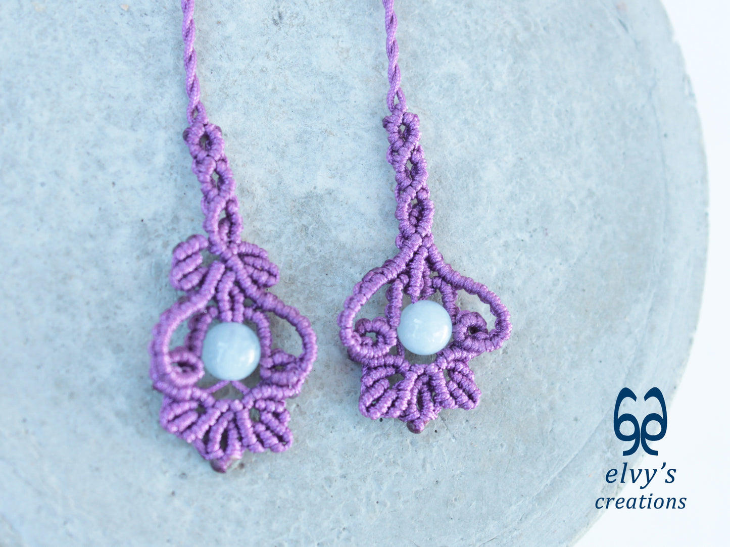 Handmade Purple Macrame Silver Earrings with Aquamarine Gemstone