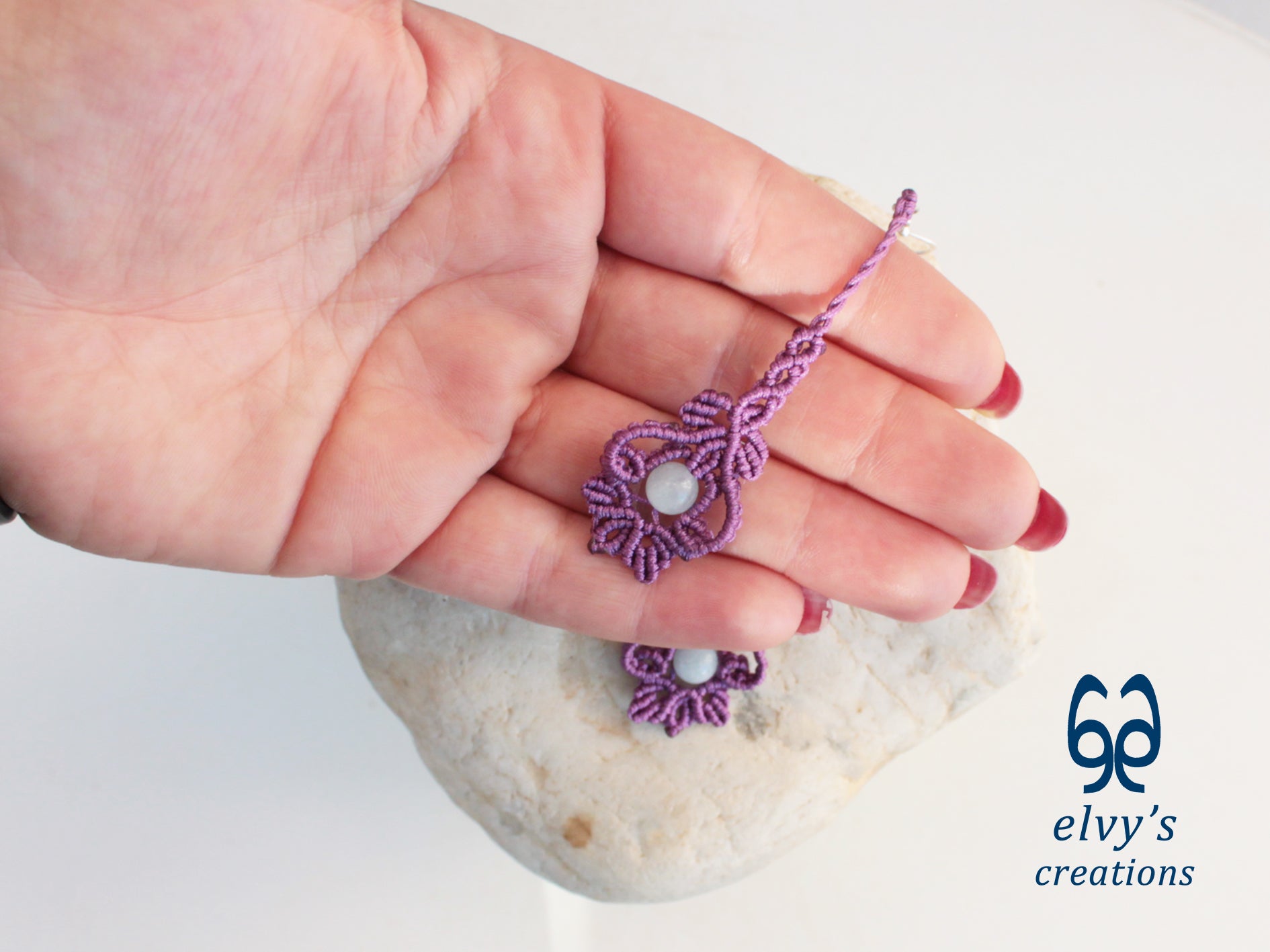 Handmade Purple Macrame Silver Earrings with Aquamarine Gemstone