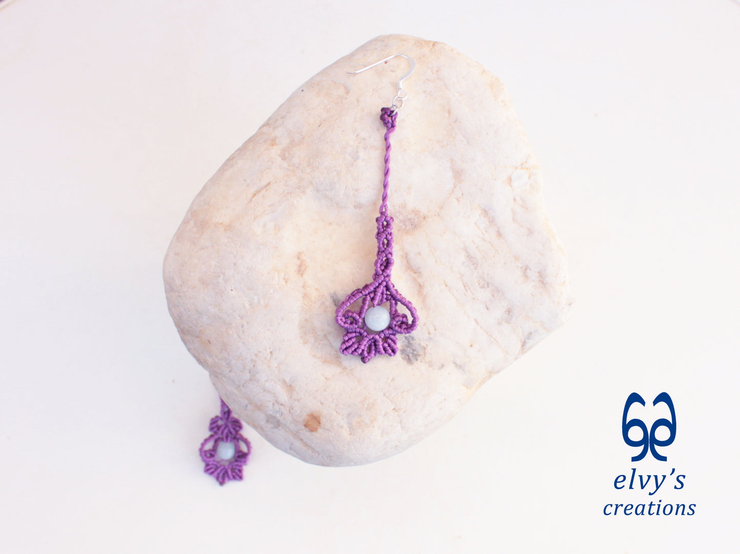 Handmade Purple Macrame Silver Earrings with Aquamarine Gemstone