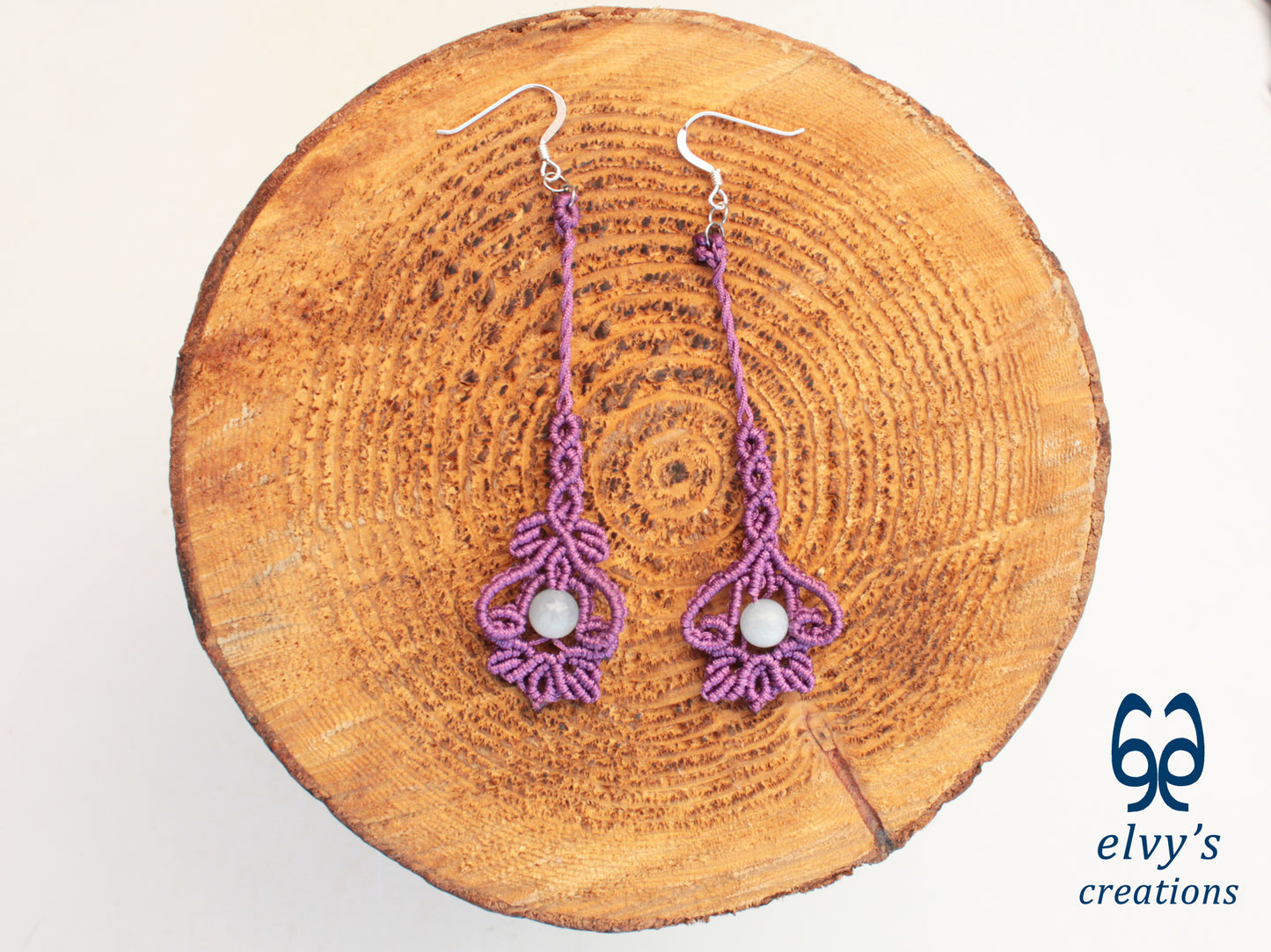Handmade Purple Macrame Silver Earrings with Aquamarine Gemstone