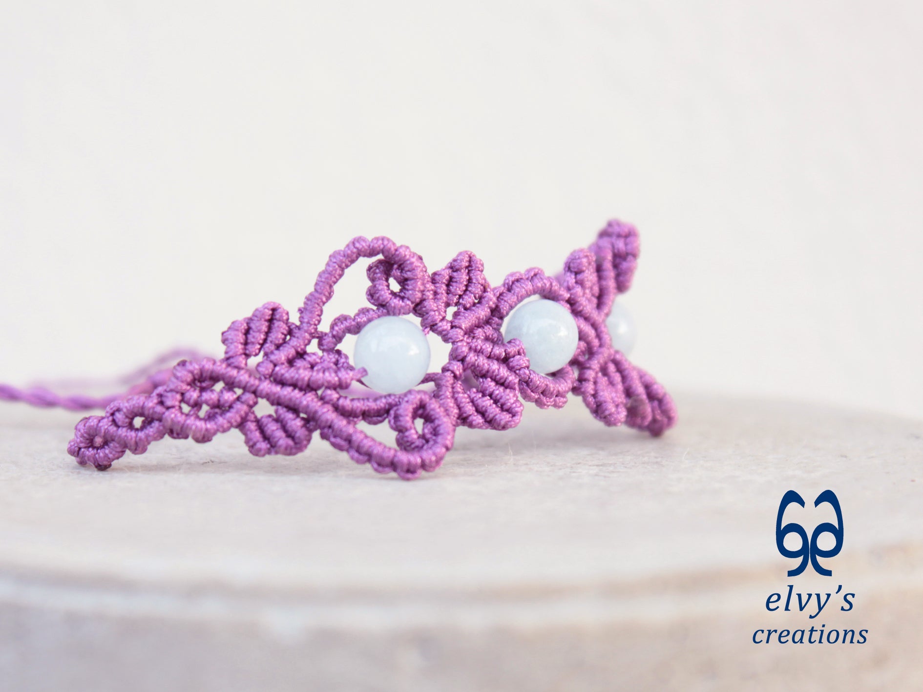Handmade Purple Macrame Bracelet with Aquamarine Gemstones Cuff Bracelet