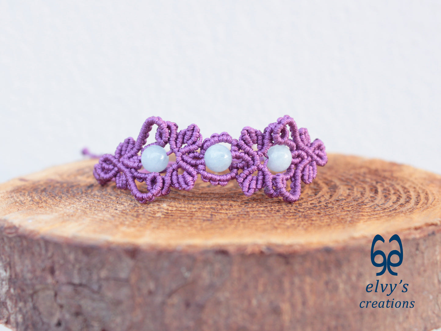 Handmade Purple Macrame Bracelet with Aquamarine Gemstones Cuff Bracelet