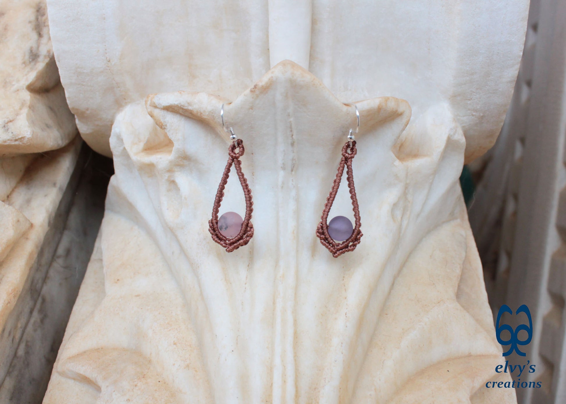 Handmade Bronze Macrame Earrings Silver Earrings with Beryl Gemstones