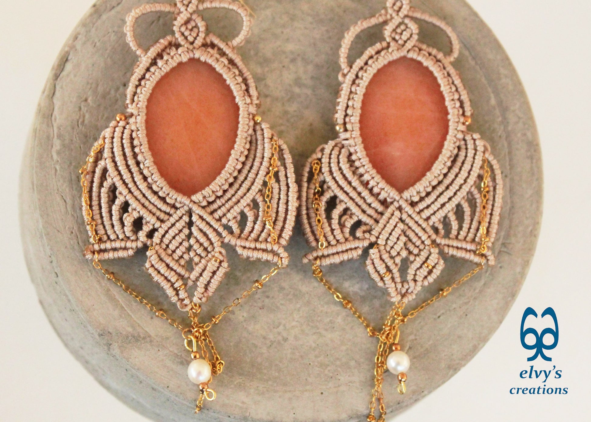 Beige Macrame Earrings with Rose Quartz and Pearls Lace Silver Earrings