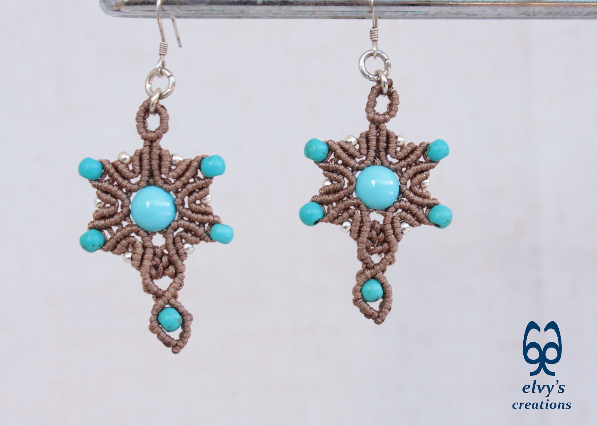 Handmade Beige Macrame Earrings Silver Dangle with Turquoise Gemstones