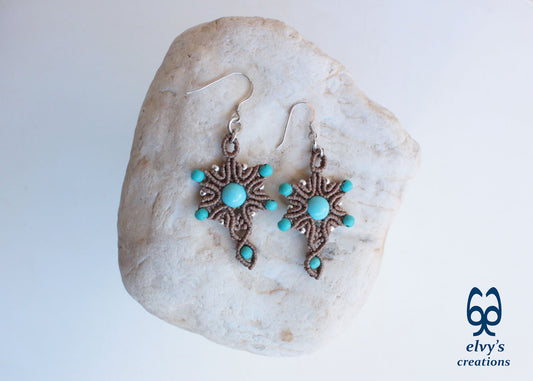 Handmade Beige Macrame Earrings Silver Dangle with Turquoise Gemstones