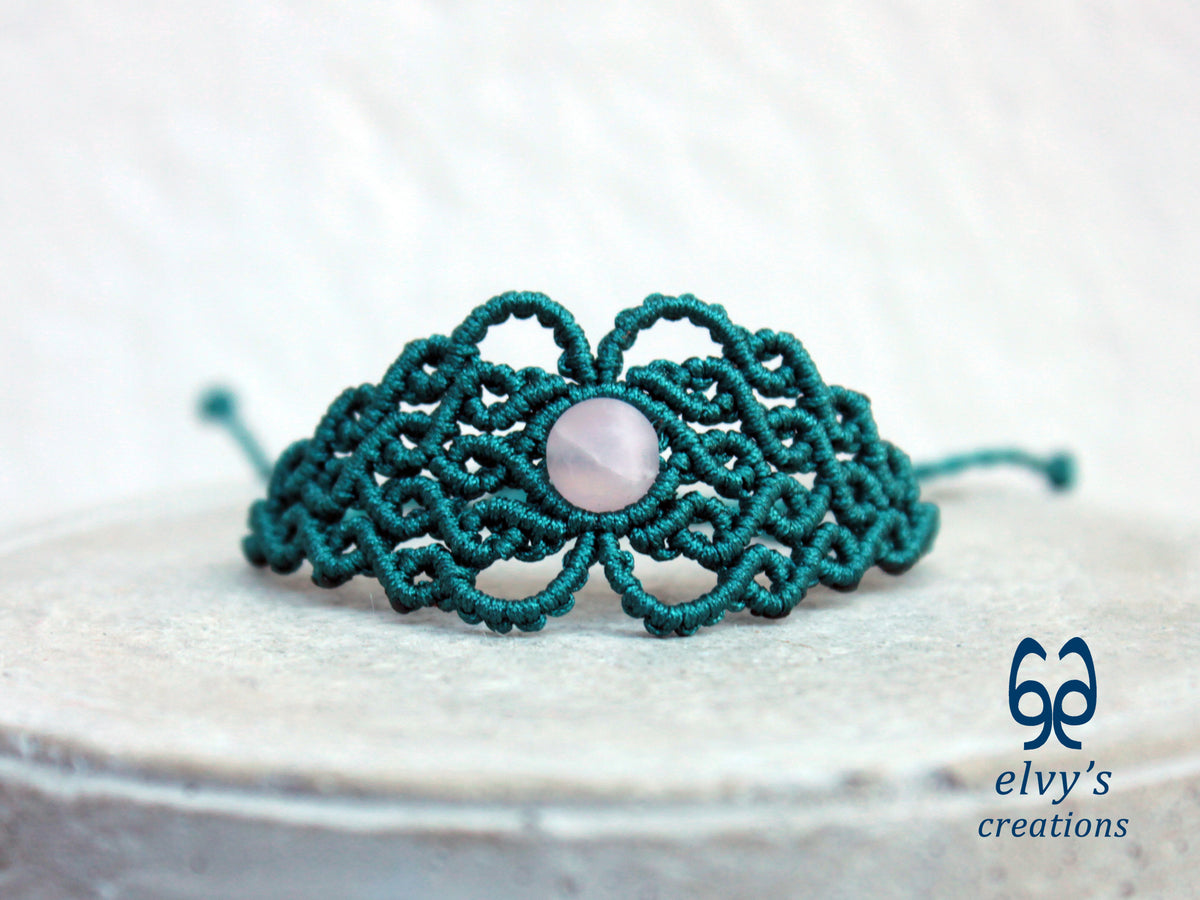 Handmade Green Macrame Bracelet with Pink Beryl Gemstone