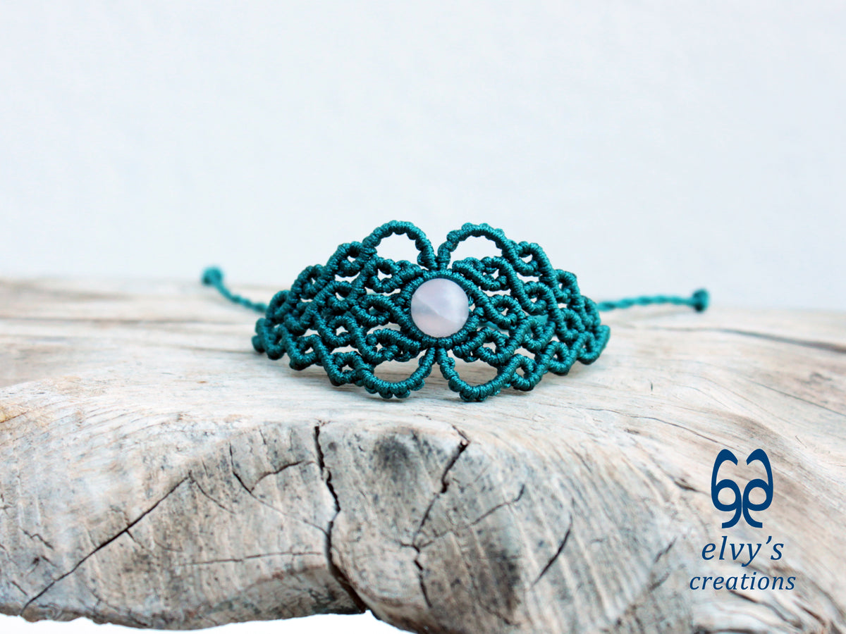 Handmade Green Macrame Bracelet with Pink Beryl Gemstone