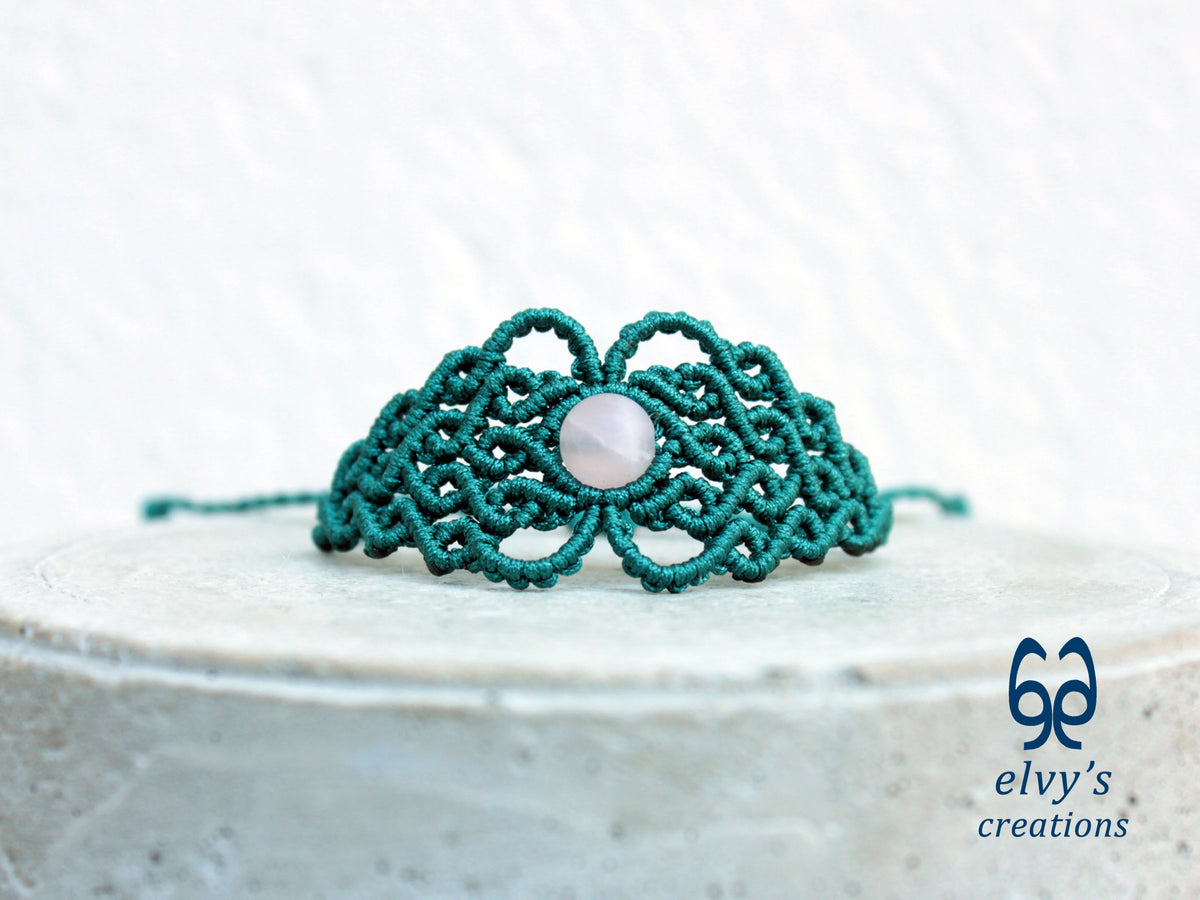Handmade Green Macrame Bracelet with Pink Beryl Gemstone