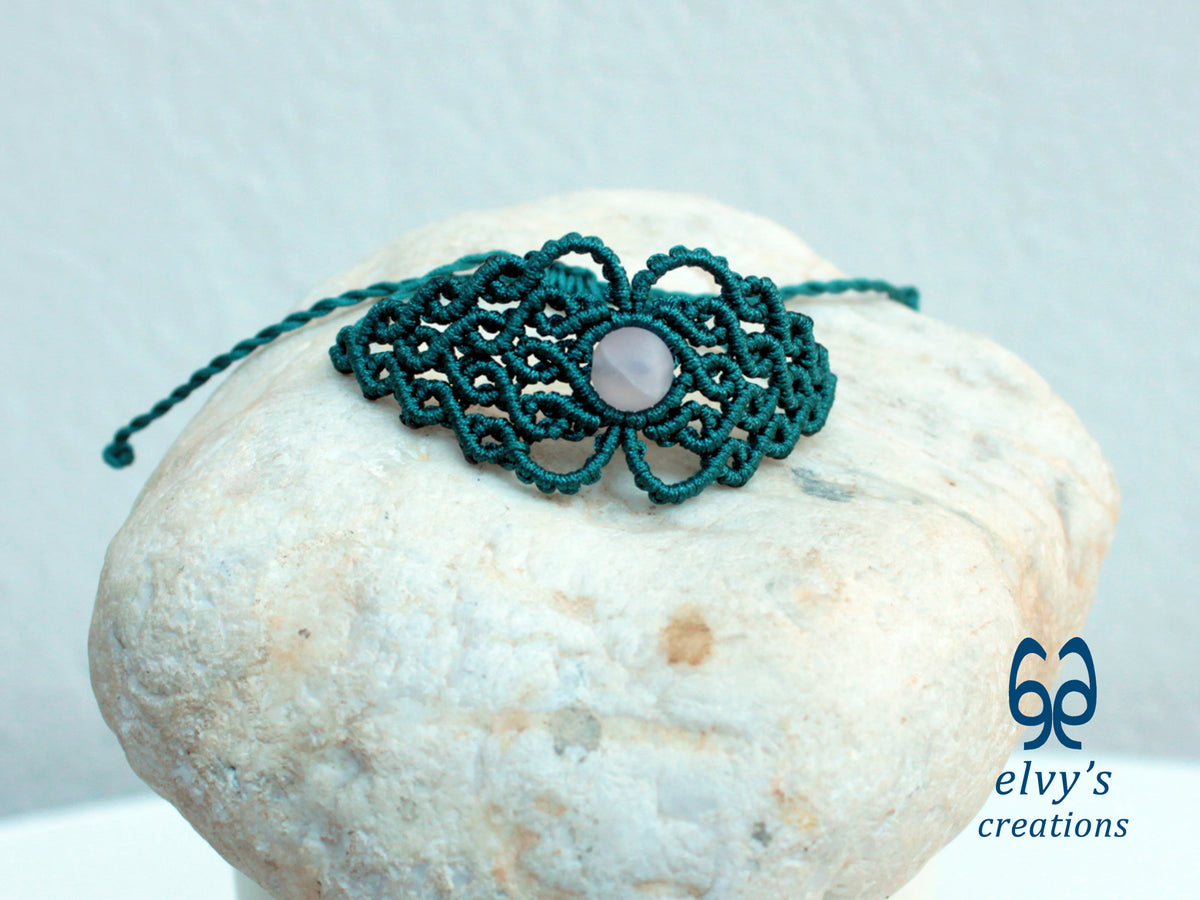 Handmade Green Macrame Bracelet with Pink Beryl Gemstone