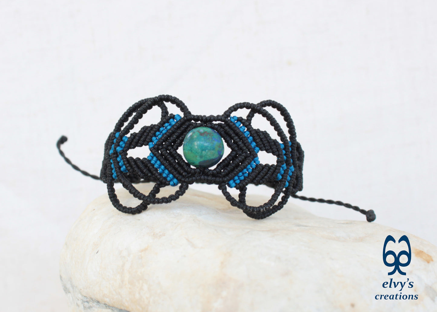 Black Macrame Bracelet with Blue Azurite Gemstone Boho Macrame Adjustable Bracelet