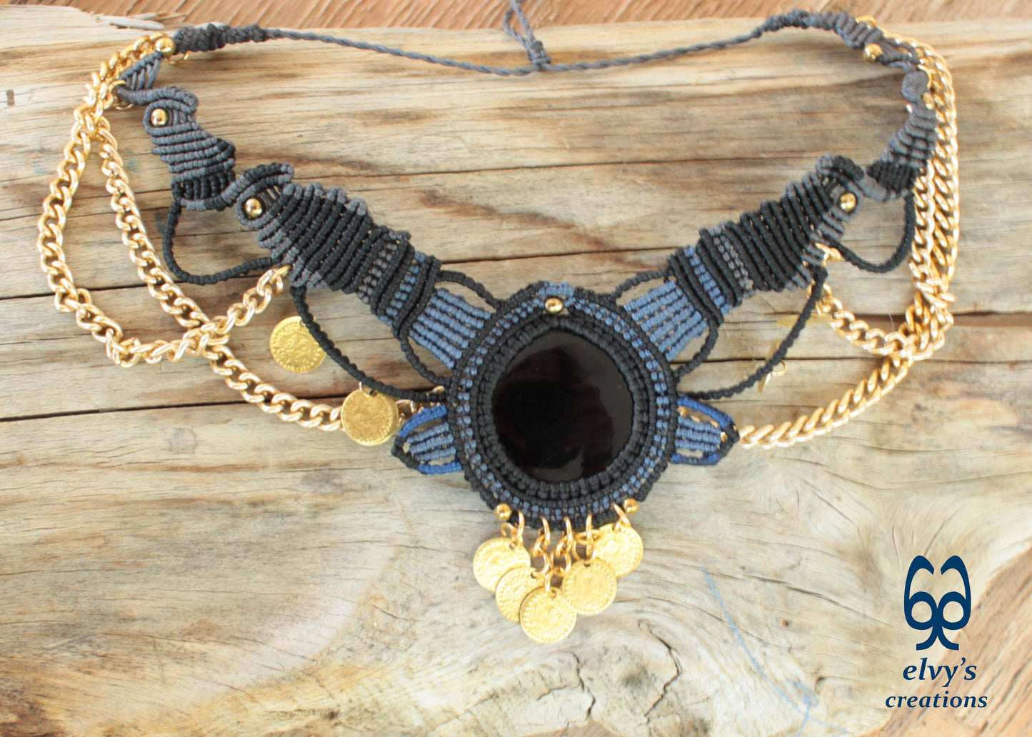 Black Macrame Necklace with Agate, Blue Handmade Gypsy Necklace, Gray Choker with Gold Coins