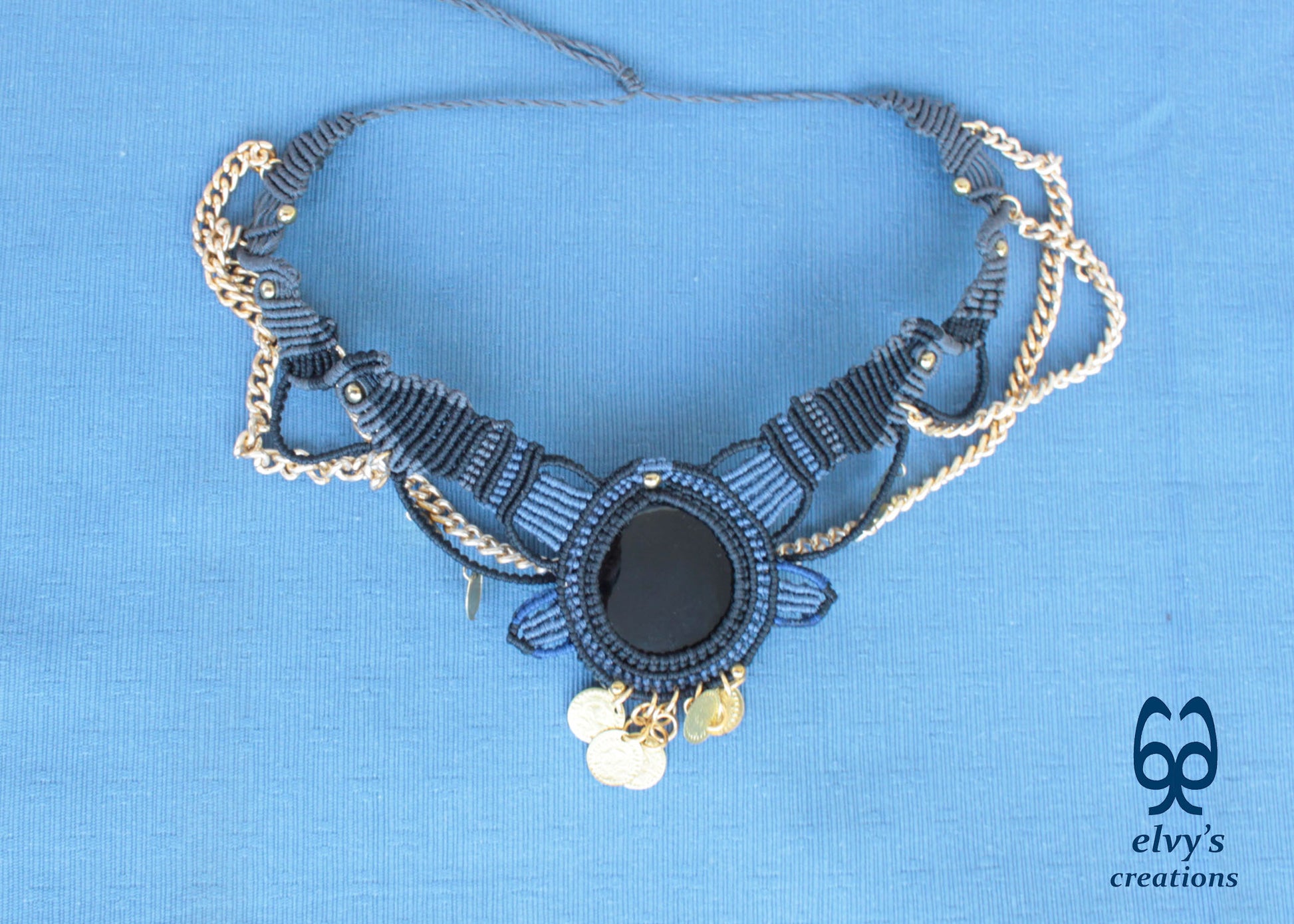 Black Macrame Necklace with Agate, Blue Handmade Gypsy Necklace, Gray Choker with Gold Coins