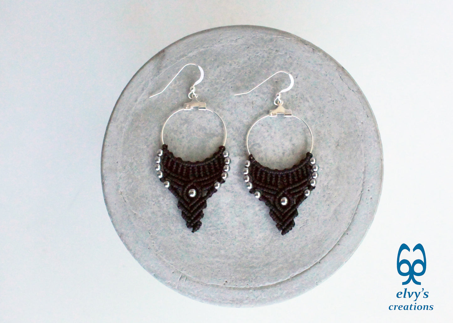 Silver and Black Macrame Earrings Hematite Gemstones Hoop Earrings
