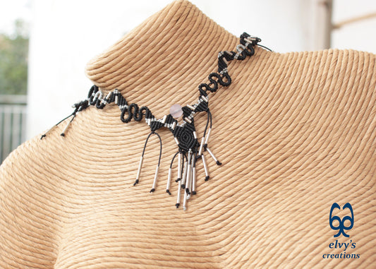 Handmade Black Macrame Necklace Adjustable Silver Choker with Beryl