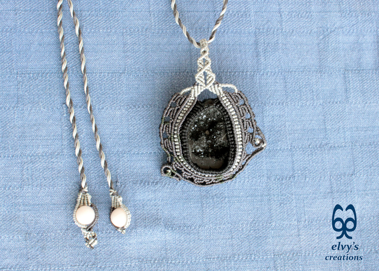 Black Agate Macrame Necklace Hematite Macrame Gemstone Necklace Pendant