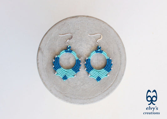 Blue Turquoise Macrame Earrings Silver Hematite Gemstones Hoop Earrings