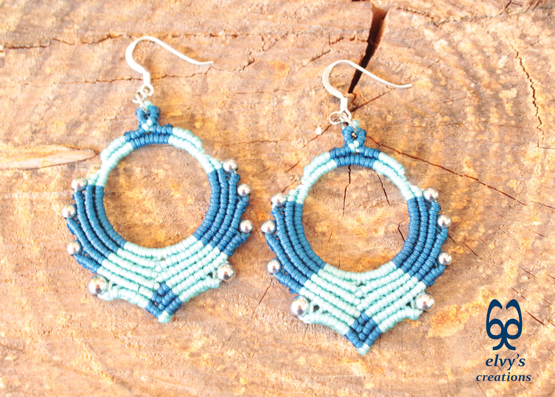 Blue Turquoise Macrame Earrings Silver Hematite Gemstones Hoop Earrings