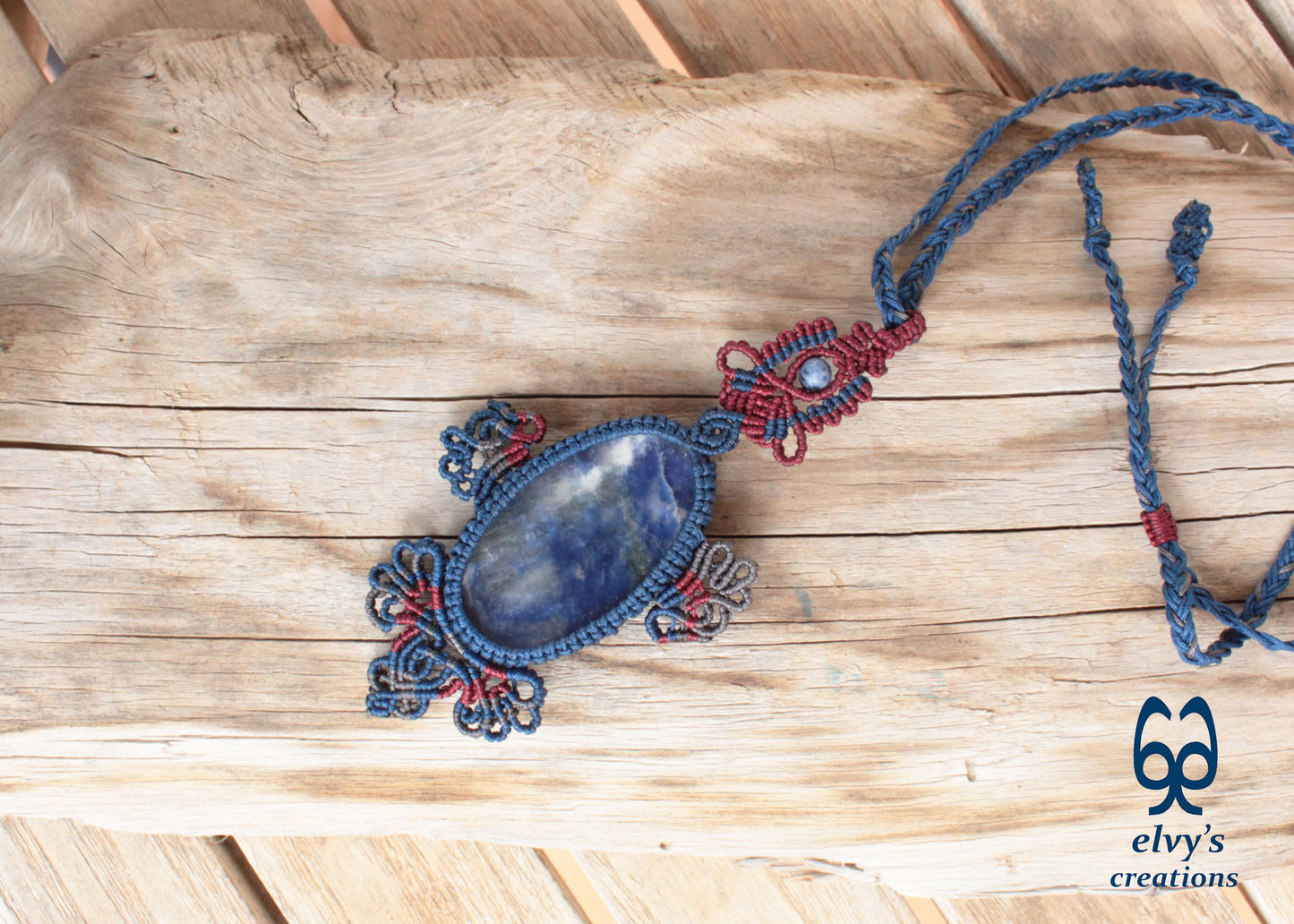 Blue Handmade Macrame Necklace with Sodalite Wrapped Gemstone Necklace