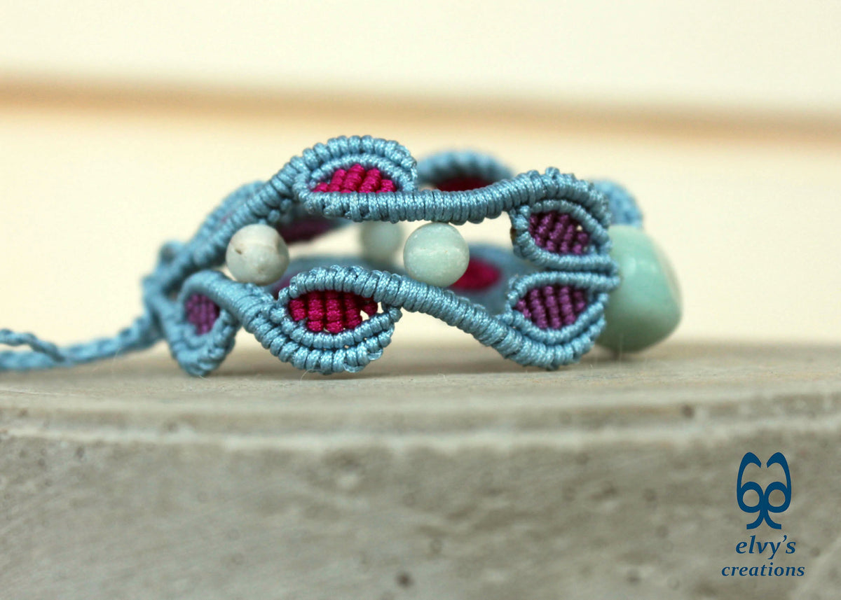 Blue Macrame Bracelet with Amazonite Gemstone Adjustable Unique Birthday Gift for Women