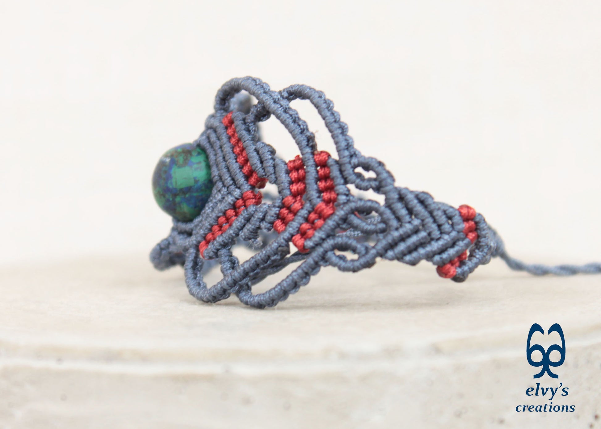 Red Macrame Bracelet with Blue Azurite Gemstone Boho Macrame Adjustable Bracelet