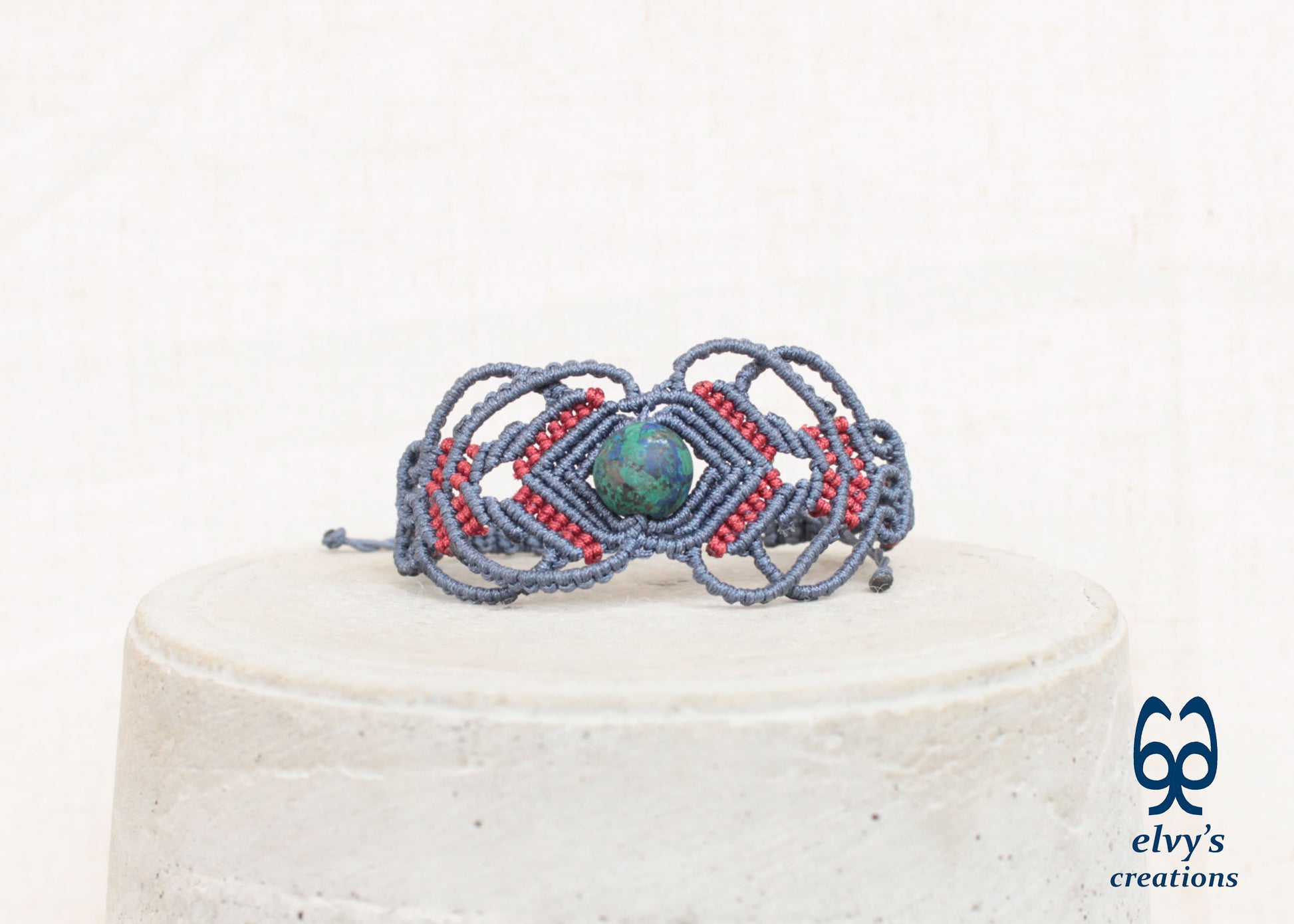 Red Macrame Bracelet with Blue Azurite Gemstone Boho Macrame Adjustable Bracelet