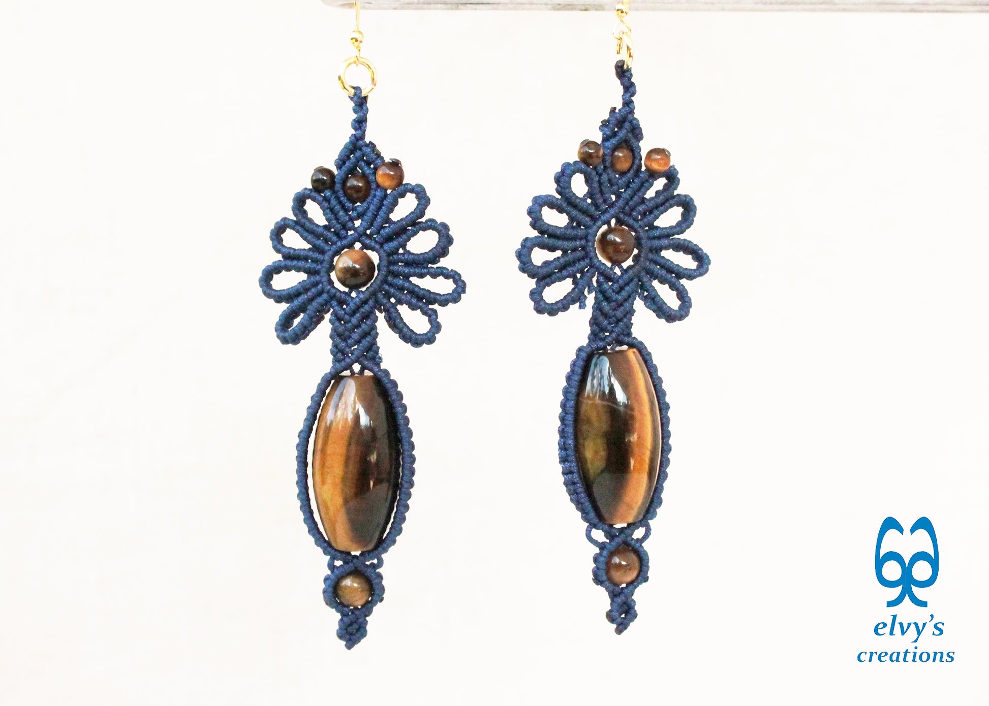 Blue Macrame Earrings with Tiger Eye Gemstones Flower Lace Silver Earrings