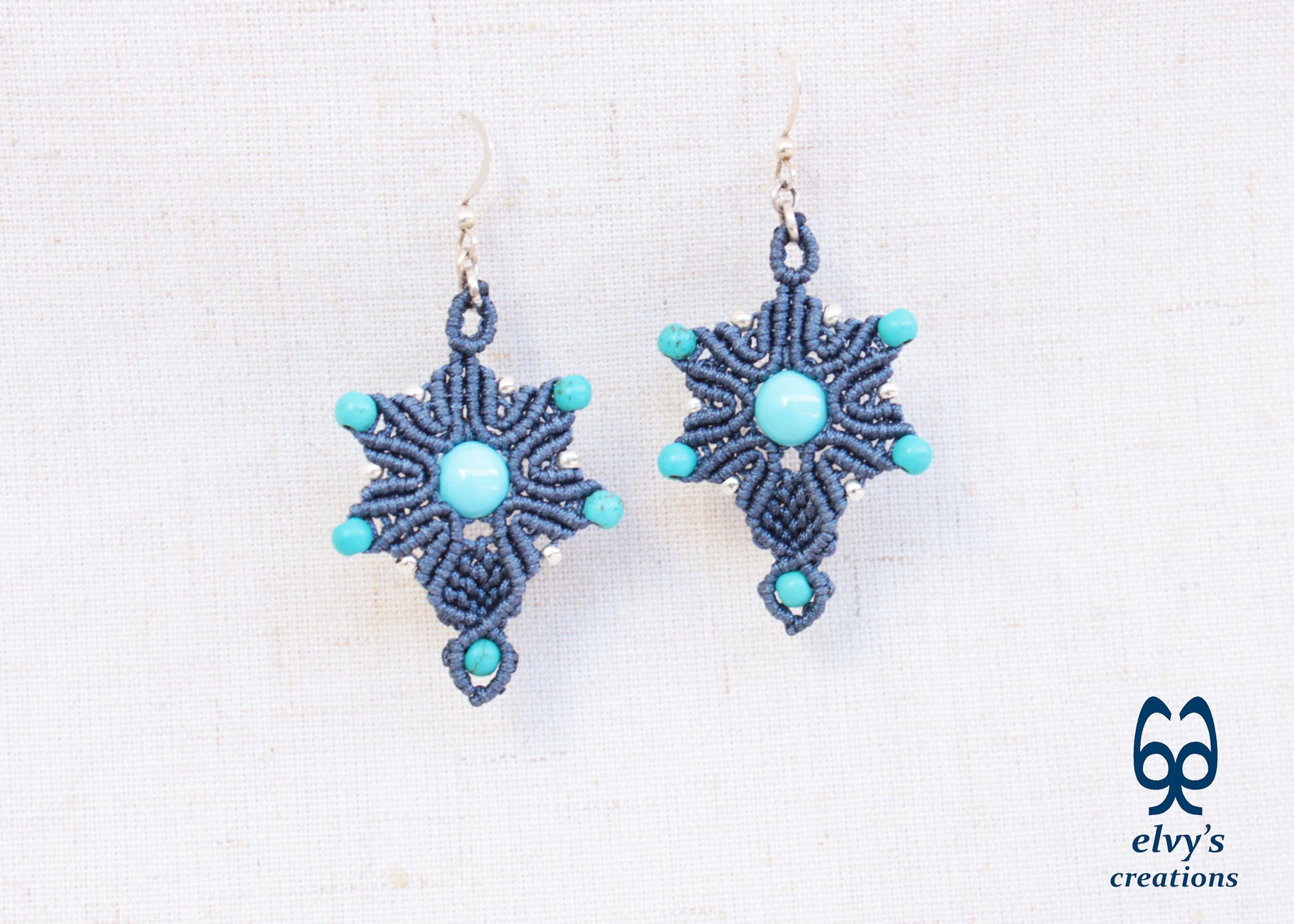 Handmade Blue Macrame Earrings Silver Dangle with Turquoise Gemstones