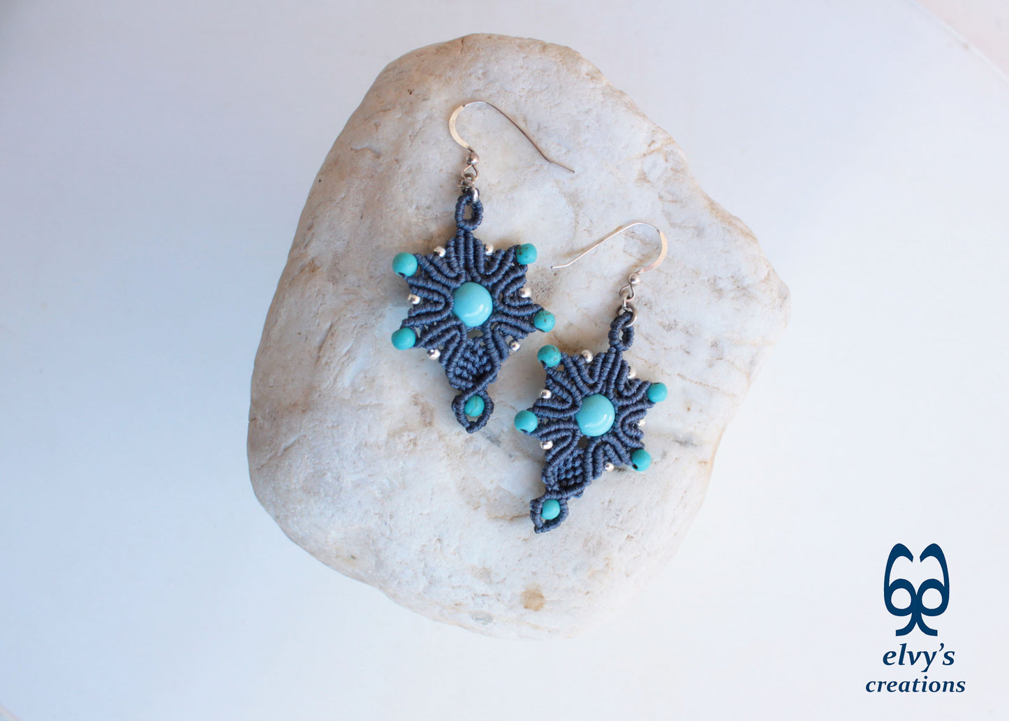 Handmade Blue Macrame Earrings Silver Dangle with Turquoise Gemstones