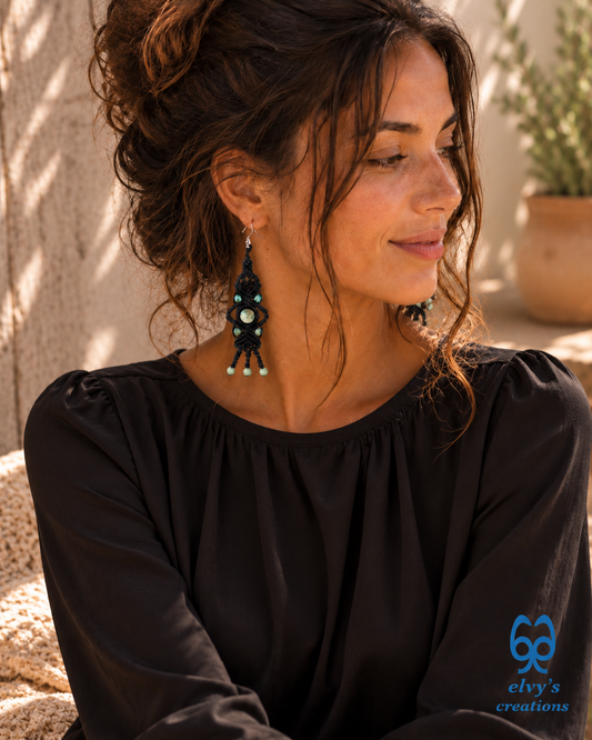 Black Macrame Earrings with Turquoise Gemstones Lace Silver Earrings