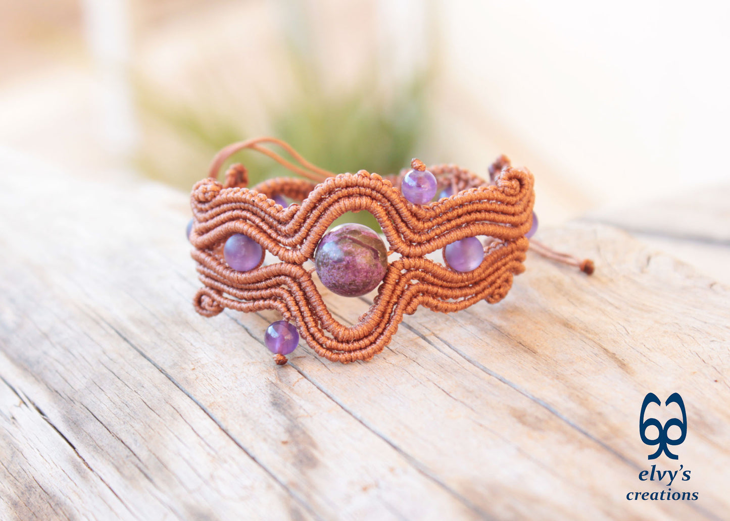 Bronze Beige Macrame Bracelet with Purple Amethyst Gemstones