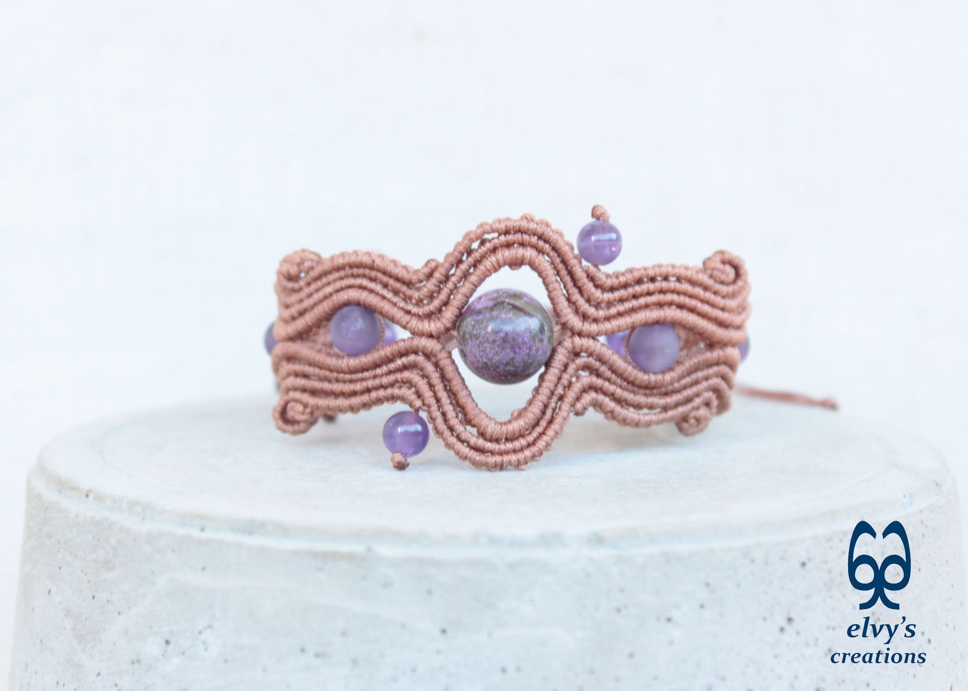 Bronze Beige Macrame Bracelet with Purple Amethyst Gemstones